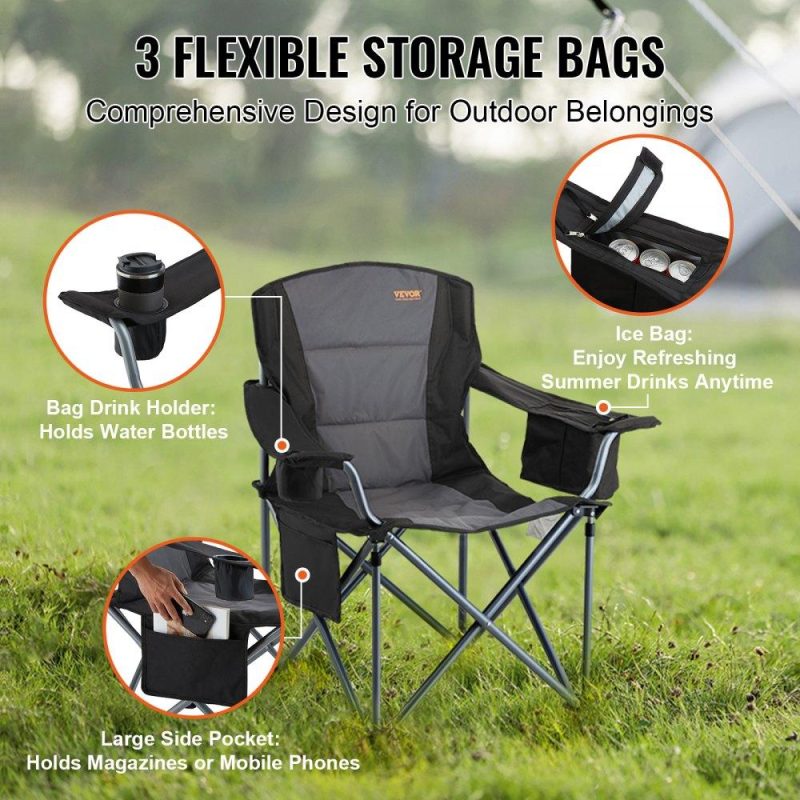 Patio Furniture & Accessories | Camping Folding Chair for Adults, Portable Heavy Duty Outdoor Quad Lumbar Back Padded Arm Chairs with Side Pockets, Cup Holder and Cooler Bag for Beach, Lawn, Picnic, Fishing, Backpacking, Black Lawn & Garden Patio Furniture & Accessories