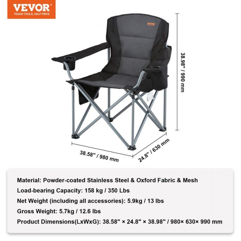 Patio Furniture & Accessories | Camping Folding Chair for Adults, Portable Heavy Duty Outdoor Quad Lumbar Back Padded Arm Chairs with Side Pockets, Cup Holder and Cooler Bag for Beach, Lawn, Picnic, Fishing, Backpacking, Black Lawn & Garden Patio Furniture & Accessories