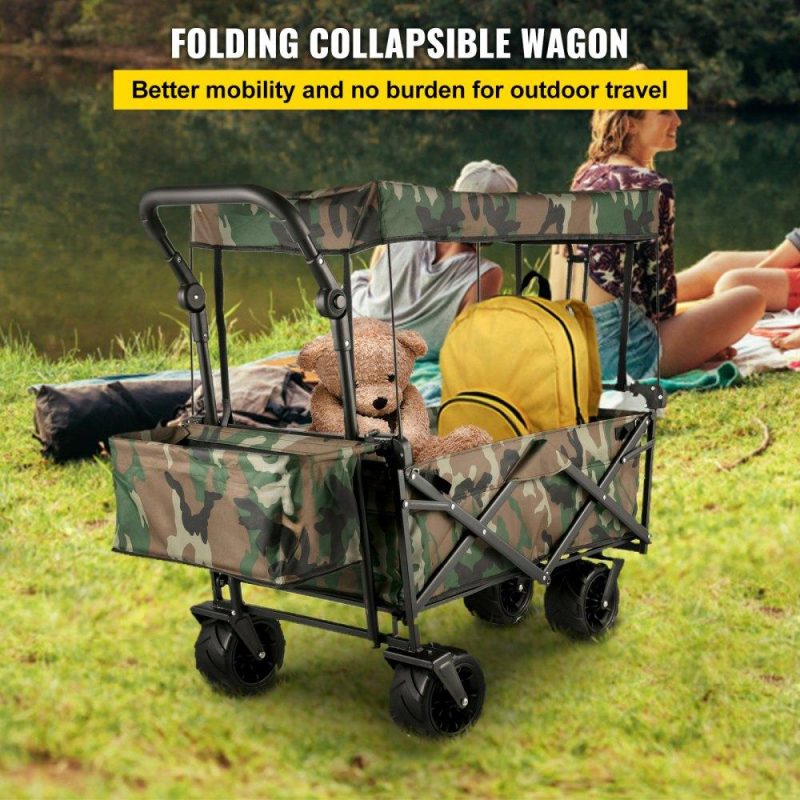 Patio Furniture & Accessories | Collapsible Folding Wagon with Removable Canopy, Heavy Duty Foldable Wagon Utility Cart for Garden, Camping, Grocery Cart, Beach Wagon Cart with Wheels and Rear Storage, Camouflage Camouflage Lawn & Garden Camouflage