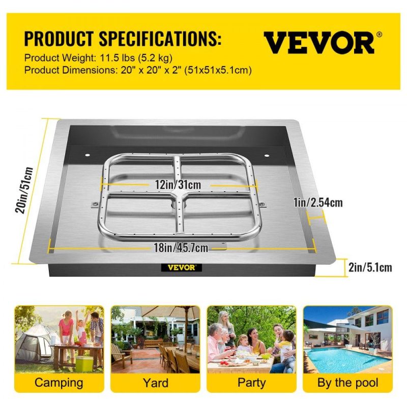 Patio Furniture & Accessories | Drop in Fire Pit Pan, 18″ x 18″ Square Fire Pit Burner, Stainless Steel Gas Fire Pan, Fire Pit Burner Pan w/ 1 Pack Volcanic Rock Fire Pit Insert w/ 90K BTU for Keeping Warm w/ Family & Friends Lawn & Garden Patio Furniture & Accessories