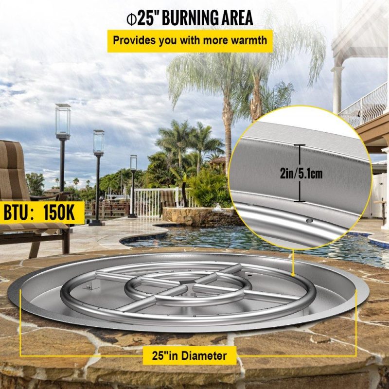 Patio Furniture & Accessories | Drop in Fire Pit Pan, 25″ x 25″ Round Fire Pit Burner, Stainless Steel Gas Fire Pan, Fire Pit Burner Pan w/ 1 Pack Volcanic Rock Fire Pit Insert w/ 150K BTU for Keeping Warm w/ Family & Friends Lawn & Garden Patio Furniture & Accessories