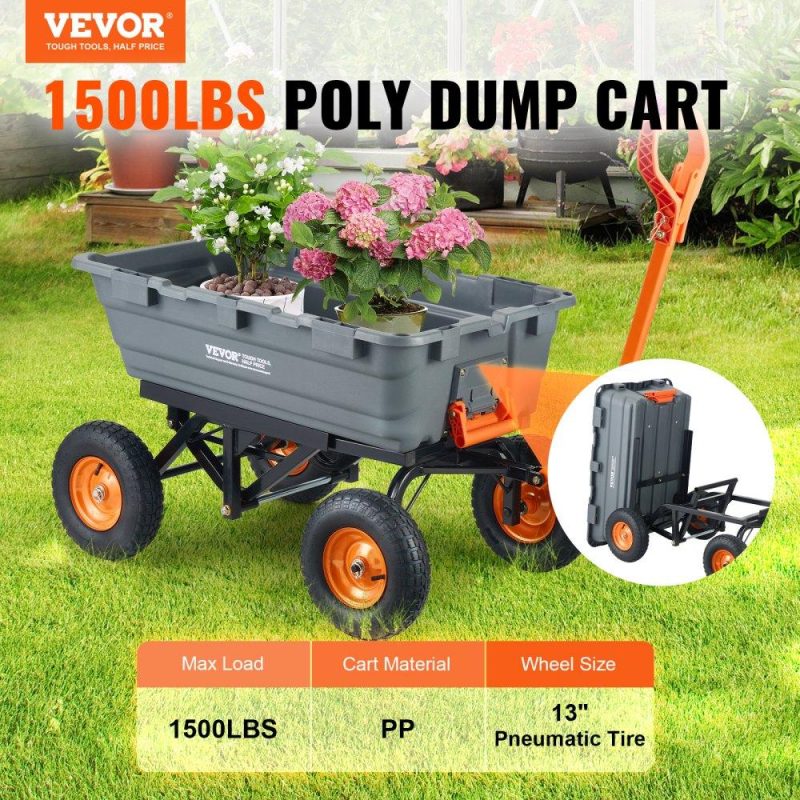 Patio Furniture & Accessories | Dump Cart, Poly Garden Dump Cart with Easy to Assemble Steel Frame, Dump Wagon with 2-in-1 Convertible Handle, Utility Wheelbarrow 1500 lbs Capacity, 13 inch Tires Lawn & Garden Patio Furniture & Accessories