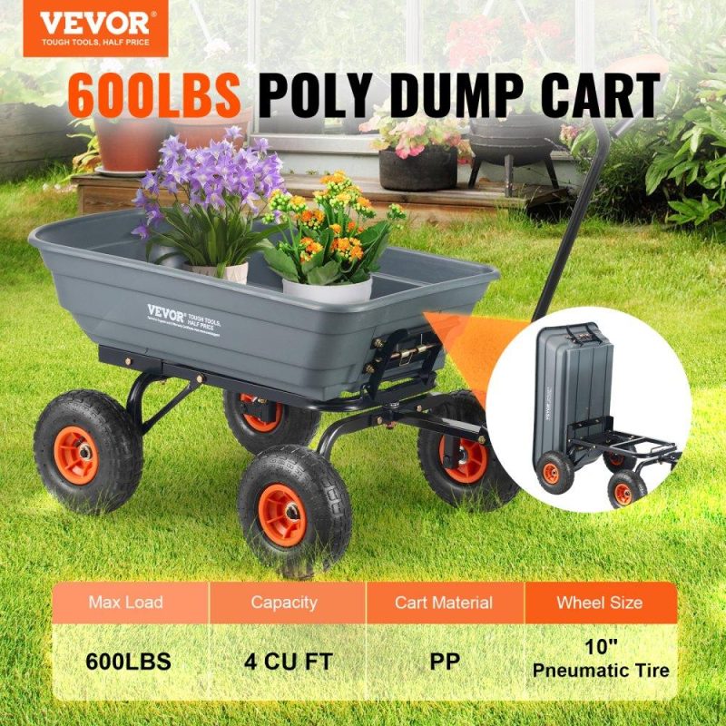 Patio Furniture & Accessories | Dump Cart, Poly Garden Dump Cart with Easy to Assemble Steel Frame, Dump Wagon with 2-in-1 Convertible Handle, Utility Wheelbarrow 600 lbs Capacity, 10 inch Tires Lawn & Garden Patio Furniture & Accessories