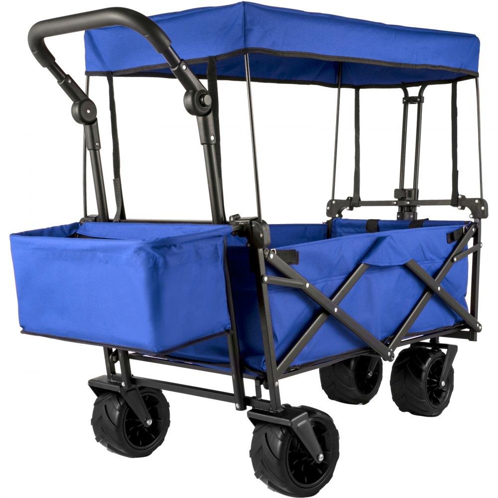 Patio Furniture & Accessories | Extra Large Collapsible Garden Cart with Removable Canopy, Folding Wagon Utility Carts with Wheels and Rear Storage, Wagon Cart for Garden, Camping, Grocery Cart, Shopping Cart, Blue Blue Lawn & Garden Blue