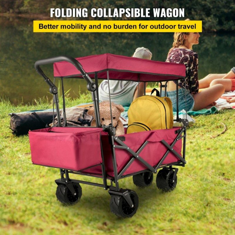 Patio Furniture & Accessories | Extra Large Collapsible Garden Cart with Removable Canopy, Folding Wagon Utility Carts with Wheels and Rear Storage, Wagon Cart for Garden, Camping, Grocery Cart, Shopping Cart, Red Dark Red Lawn & Garden Dark Red