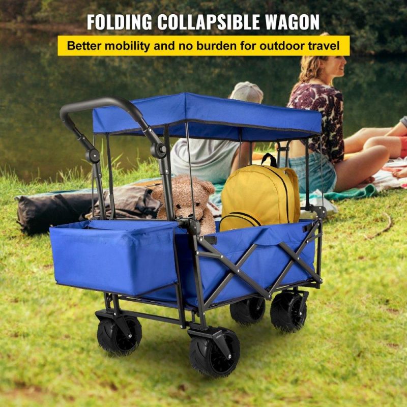 Patio Furniture & Accessories | Extra Large Collapsible Garden Cart with Removable Canopy, Folding Wagon Utility Carts with Wheels and Rear Storage, Wagon Cart for Garden, Camping, Grocery Cart, Shopping Cart, Blue Blue Lawn & Garden Blue