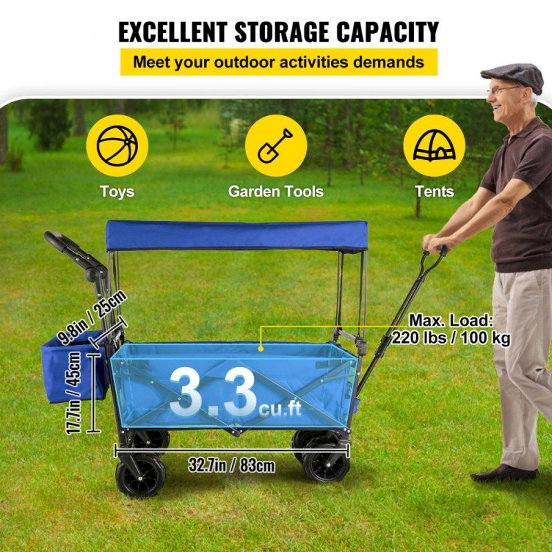 Patio Furniture & Accessories | Extra Large Collapsible Garden Cart with Removable Canopy, Folding Wagon Utility Carts with Wheels and Rear Storage, Wagon Cart for Garden, Camping, Grocery Cart, Shopping Cart, Blue Blue Lawn & Garden Blue