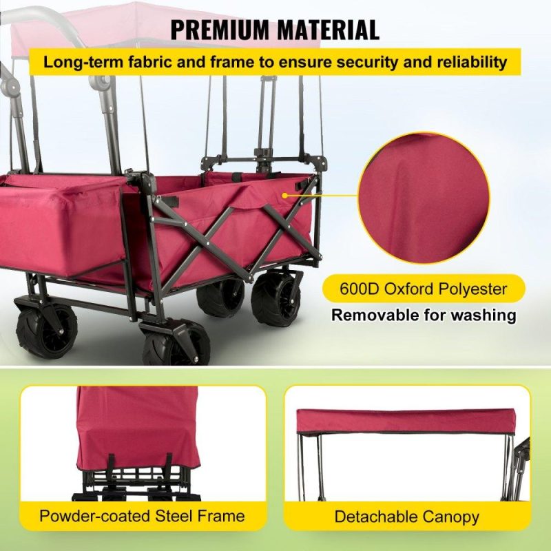 Patio Furniture & Accessories | Extra Large Collapsible Garden Cart with Removable Canopy, Folding Wagon Utility Carts with Wheels and Rear Storage, Wagon Cart for Garden, Camping, Grocery Cart, Shopping Cart, Red Dark Red Lawn & Garden Dark Red