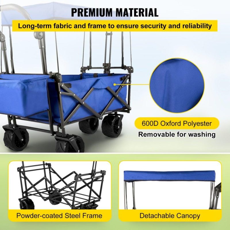 Patio Furniture & Accessories | Extra Large Collapsible Garden Cart with Removable Canopy, Folding Wagon Utility Carts with Wheels and Rear Storage, Wagon Cart for Garden, Camping, Grocery Cart, Shopping Cart, Blue Blue Lawn & Garden Blue