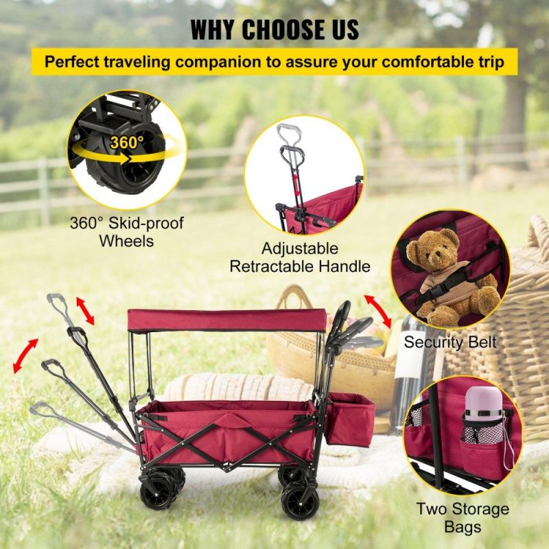 Patio Furniture & Accessories | Extra Large Collapsible Garden Cart with Removable Canopy, Folding Wagon Utility Carts with Wheels and Rear Storage, Wagon Cart for Garden, Camping, Grocery Cart, Shopping Cart, Red Dark Red Lawn & Garden Dark Red