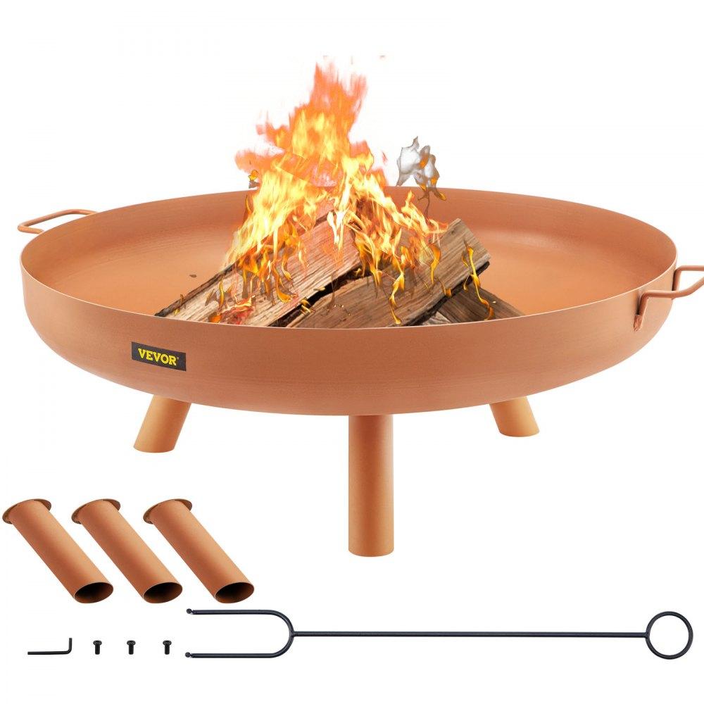 Patio Furniture & Accessories | Fire Pit Bowl, 30-Inch Deep Round Carbon Steel Fire Bowl, Wood Burning for Outdoor Patios, Backyards & Camping Uses, with A Drain Hole, Portable Handles and A Firewood Stick, Brown Brown Lawn & Garden Brown