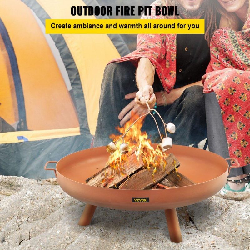 Patio Furniture & Accessories | Fire Pit Bowl, 30-Inch Deep Round Carbon Steel Fire Bowl, Wood Burning for Outdoor Patios, Backyards & Camping Uses, with A Drain Hole, Portable Handles and A Firewood Stick, Brown Brown Lawn & Garden Brown