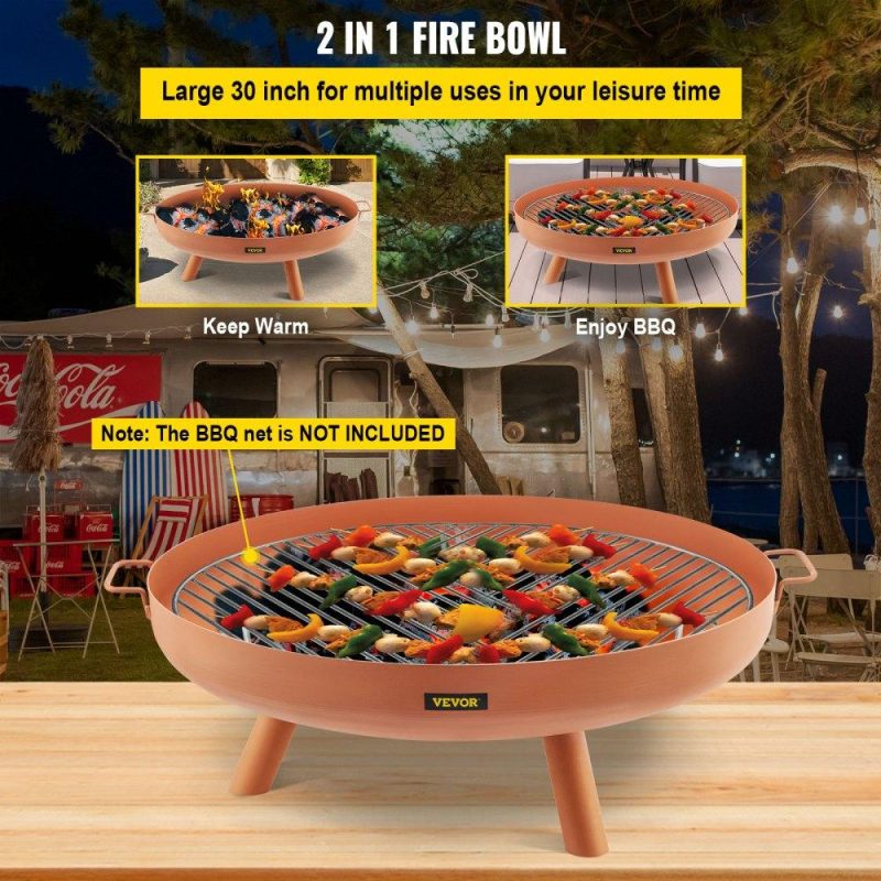 Patio Furniture & Accessories | Fire Pit Bowl, 30-Inch Deep Round Carbon Steel Fire Bowl, Wood Burning for Outdoor Patios, Backyards & Camping Uses, with A Drain Hole, Portable Handles and A Firewood Stick, Brown Brown Lawn & Garden Brown