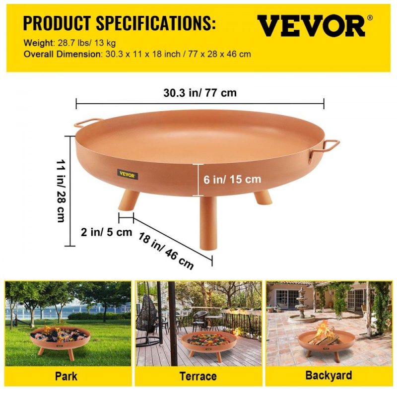 Patio Furniture & Accessories | Fire Pit Bowl, 30-Inch Deep Round Carbon Steel Fire Bowl, Wood Burning for Outdoor Patios, Backyards & Camping Uses, with A Drain Hole, Portable Handles and A Firewood Stick, Brown Brown Lawn & Garden Brown