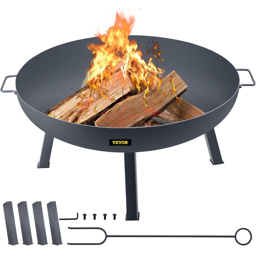 Patio Furniture & Accessories | Fire Pit Bowl, 34-Inch Diameter Round Carbon Steel Fire Bowl, Wood Burning for Outdoor Patios, Backyards & Camping Uses, with A Drain Hole, Portable Handles and A Firewood Stick, Black Black Lawn & Garden Black