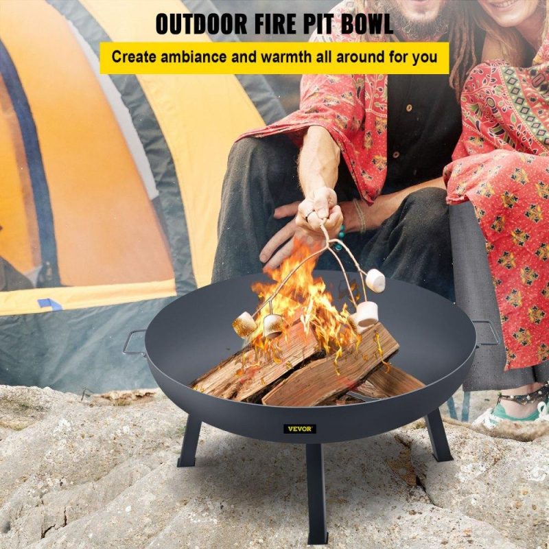 Patio Furniture & Accessories | Fire Pit Bowl, 34-Inch Diameter Round Carbon Steel Fire Bowl, Wood Burning for Outdoor Patios, Backyards & Camping Uses, with A Drain Hole, Portable Handles and A Firewood Stick, Black Black Lawn & Garden Black