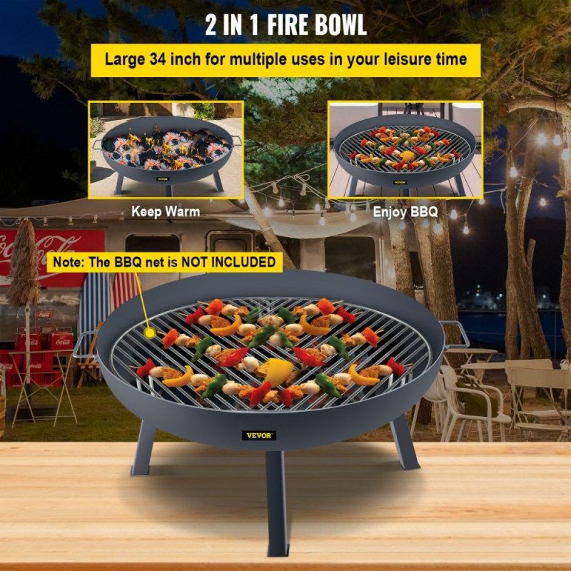 Patio Furniture & Accessories | Fire Pit Bowl, 34-Inch Diameter Round Carbon Steel Fire Bowl, Wood Burning for Outdoor Patios, Backyards & Camping Uses, with A Drain Hole, Portable Handles and A Firewood Stick, Black Black Lawn & Garden Black