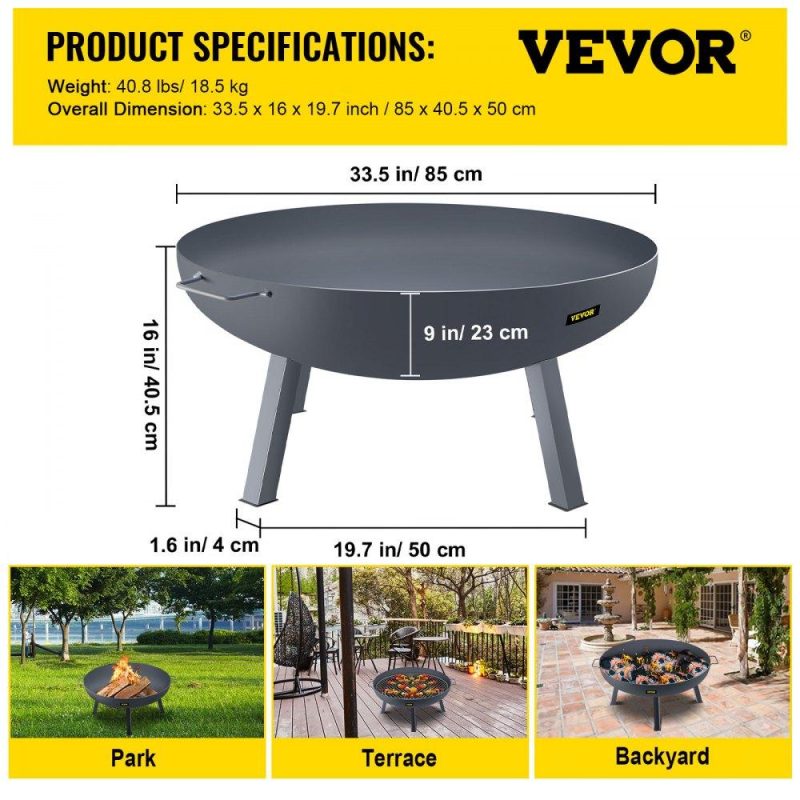 Patio Furniture & Accessories | Fire Pit Bowl, 34-Inch Diameter Round Carbon Steel Fire Bowl, Wood Burning for Outdoor Patios, Backyards & Camping Uses, with A Drain Hole, Portable Handles and A Firewood Stick, Black Black Lawn & Garden Black