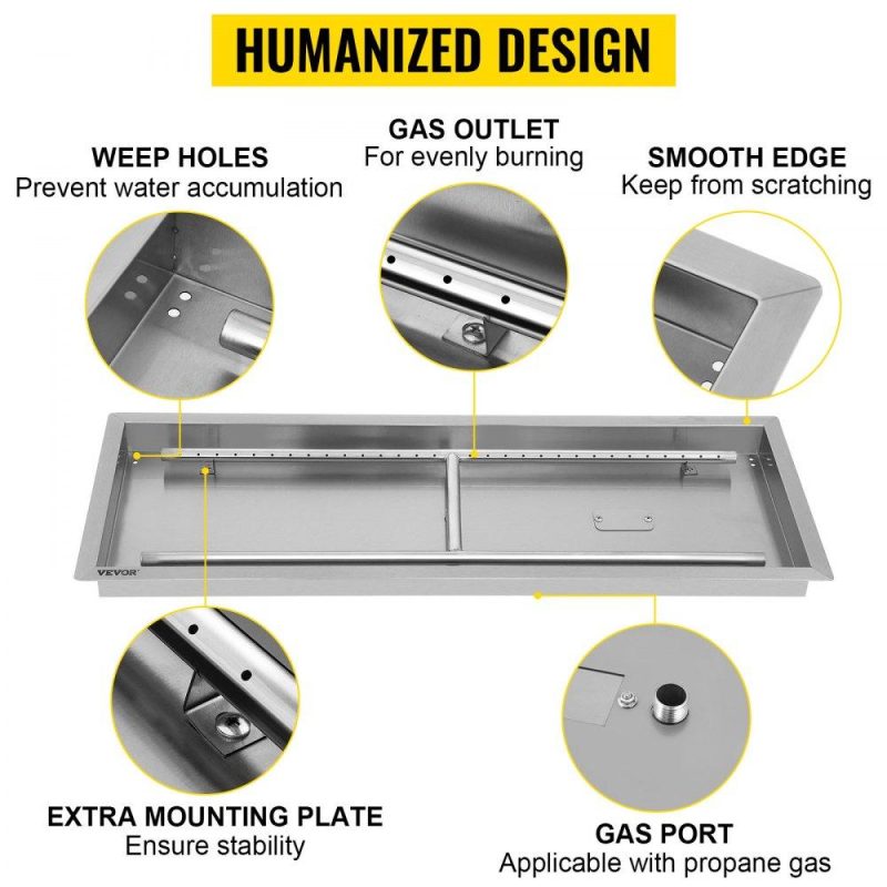 Patio Furniture & Accessories | Fire Pit Pan 31.5×12 Inch, Stainless Steel Rectangular Fire Pit Pan and Burner, Built-in Fire Pit Pan with H-Burner, 90K BTU Lawn & Garden Patio Furniture & Accessories