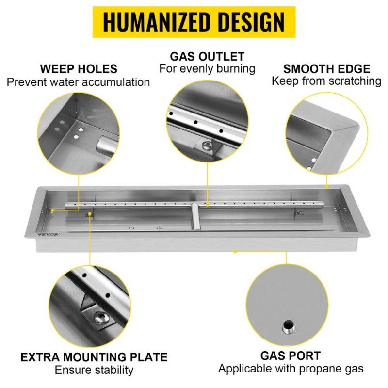 Patio Furniture & Accessories | Fire Pit Pan 37.5×14 Inch, Stainless Steel Rectangular Fire Pit Pan and Burner, Built-in Fire Pit Pan with H-Burner, 150K BTU Lawn & Garden Patio Furniture & Accessories