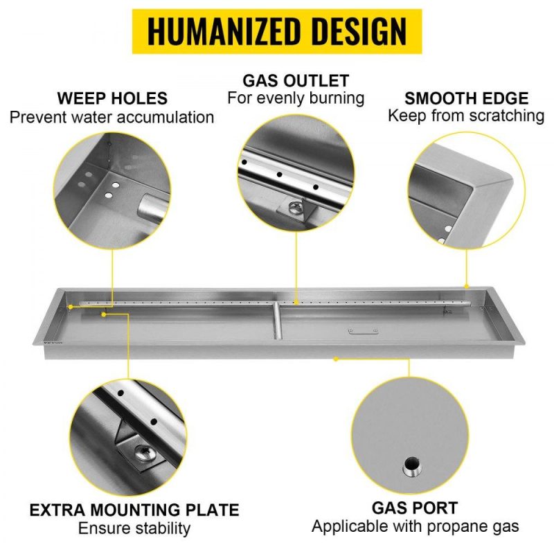 Patio Furniture & Accessories | Fire Pit Pan,Stainless Steel Linear Trough Fire Pit Pan and Burner,Built-in Fire Pit Burner Pan for Propane Gas (49×16 Inch) Lawn & Garden Patio Furniture & Accessories