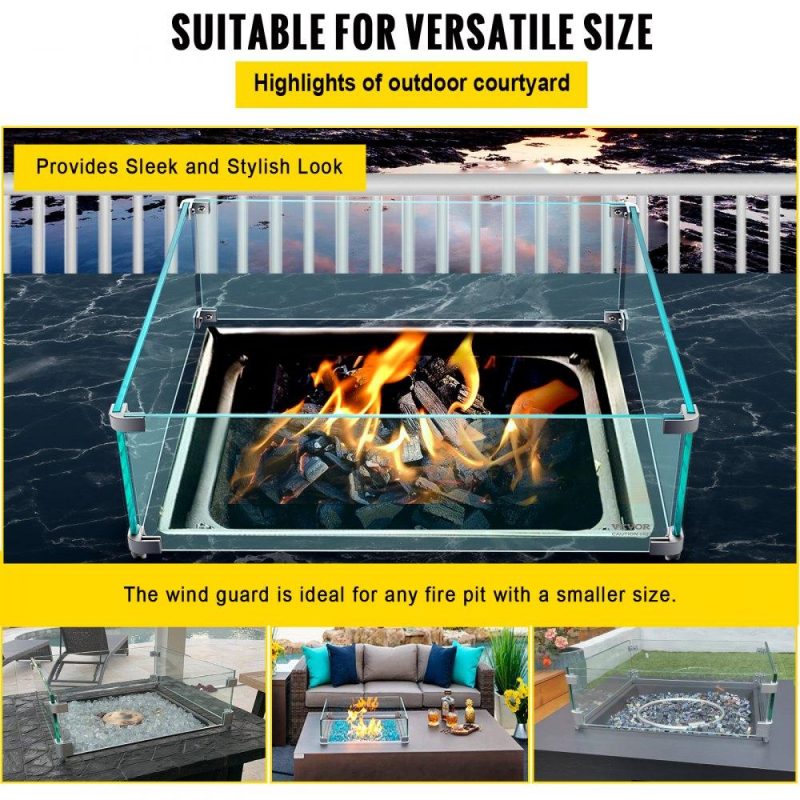 Patio Furniture & Accessories | Fire Pit Wind Guard, 14 x 14 x 6 Inch Glass Wind Guard, Rectangular Glass Shield, 0.3″ Thick Fire Table, Clear Tempered Glass Flame Guard, Steady Feet Tree Pit Guard for Propane, Gas, Outdoor Lawn & Garden Patio Furniture & Accessories