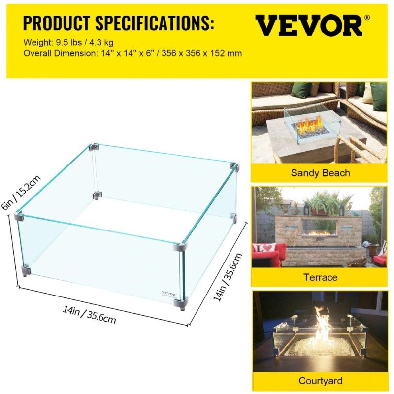 Patio Furniture & Accessories | Fire Pit Wind Guard, 14 x 14 x 6 Inch Glass Wind Guard, Rectangular Glass Shield, 0.3″ Thick Fire Table, Clear Tempered Glass Flame Guard, Steady Feet Tree Pit Guard for Propane, Gas, Outdoor Lawn & Garden Patio Furniture & Accessories