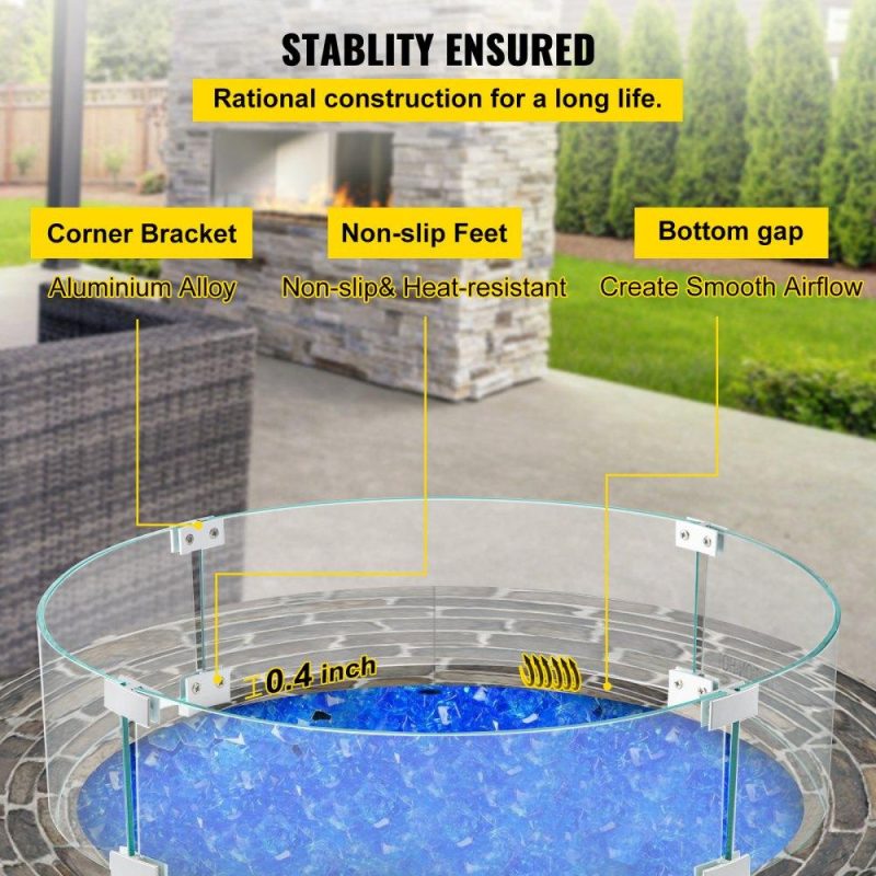 Patio Furniture & Accessories | Fire Pit Wind Guard, 24 x 24 x 6 inch Glass Flame Guard, Round Glass Shield, 1/4-Inch Thick Fire Table, Clear Tempered Glass Flame Guard, Aluminum Alloy Feet for Propane, Gas, Outdoor Lawn & Garden Patio Furniture & Accessories