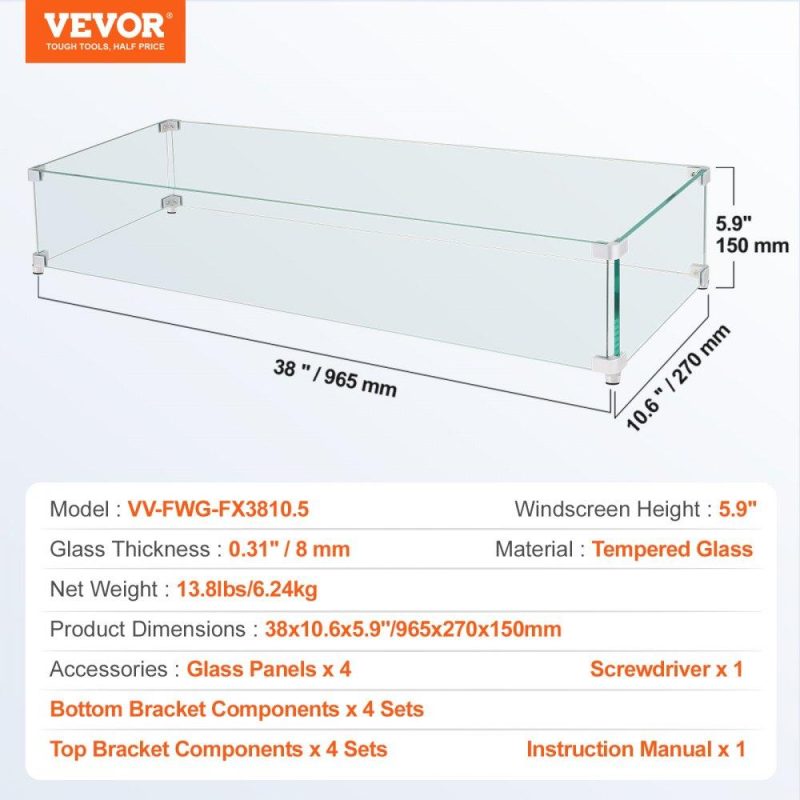 Patio Furniture & Accessories | Fire Pit Wind Guard, 38 x 10.5 x 6 Inch Glass Wind Guard, Rectangular Glass Shield, 0.3″ Thick Fire Table, Clear Tempered Glass Flame Guard, Steady Feet Tree Pit Guard for Propane, Gas, Outdoor Lawn & Garden Patio Furniture & Accessories