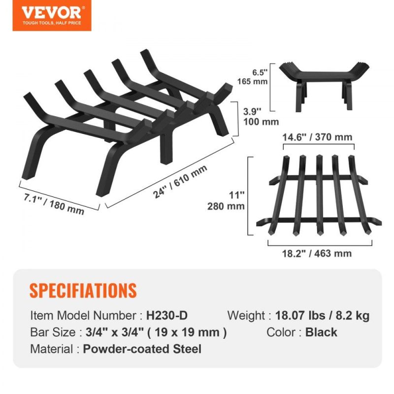 Patio Furniture & Accessories | Fireplace Log Grate, 24 inch Heavy Duty Fireplace Grate with 6 Support Legs, 3/4’’ Solid Powder-coated Steel Bars, Log Firewood Burning Rack Holder for Indoor and Outdoor Fireplace Lawn & Garden Patio Furniture & Accessories