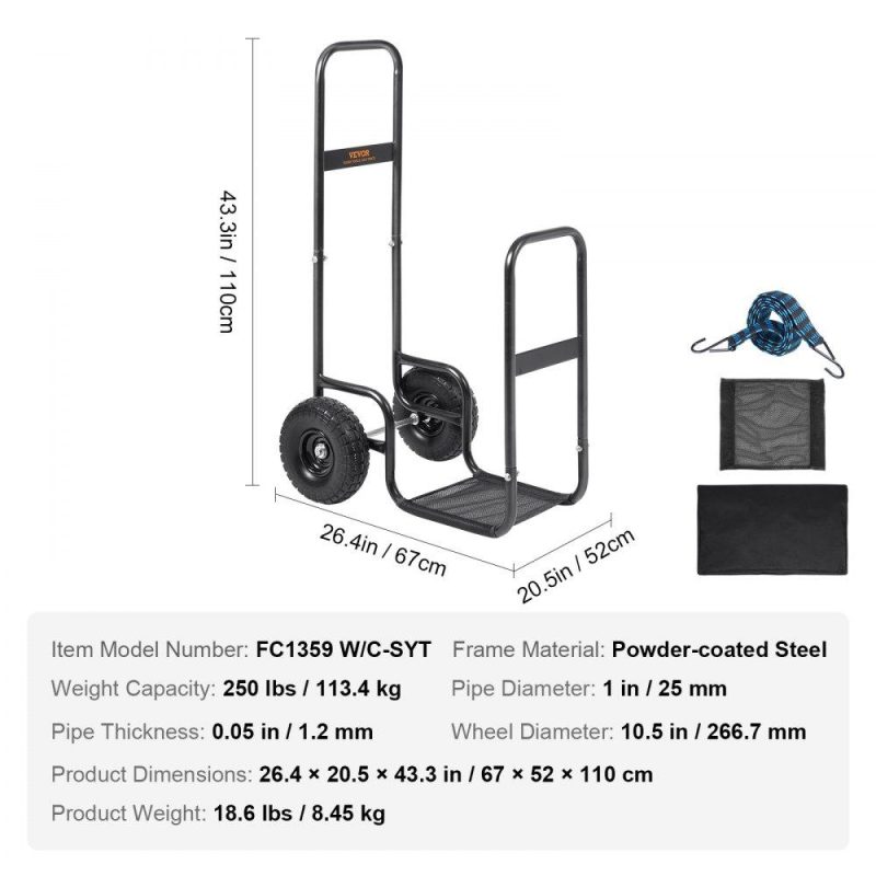 Patio Furniture & Accessories | Firewood Log Cart, 250 lbs Capacity, Outdoor and Indoor Wood Rack Storage Mover with PU Wheels & Waterproof Cloth, Heavy Duty Steel Dolly Hauler, Firewood Carrier for Fireplace, Fire Pit, Black Lawn & Garden Patio Furniture & Accessories