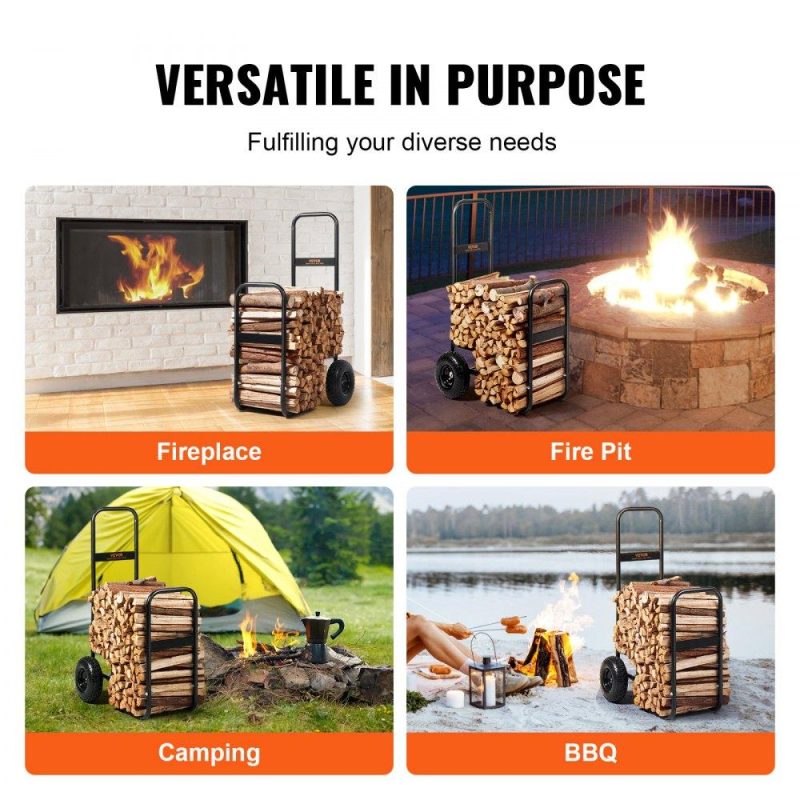 Patio Furniture & Accessories | Firewood Log Cart, 250 lbs Load Capacity, Outdoor and Indoor Wood Rack Storage Mover with Pneumatic Rubber Wheels, Heavy Duty Steel Dolly Hauler, Firewood Carrier for Fireplace, Fire Pit, Black Lawn & Garden Patio Furniture & Accessories