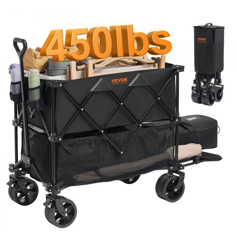 Patio Furniture & Accessories | Foldable Double Decker Wagon, 400L Collapsible Wagon Cart with All-Terrain Wheels, Heavy Duty Folding Wagon Cart 450 lbs Weight Capacity for Camping, Shopping, Garden, 52″ Extra Long Extender Lawn & Garden Patio Furniture & Accessories