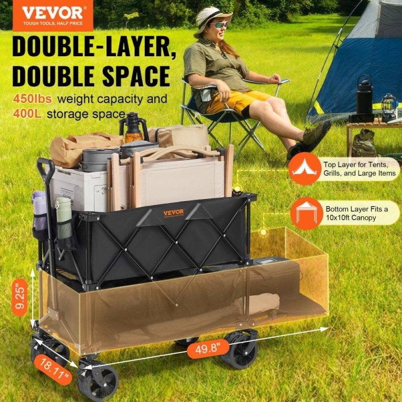 Patio Furniture & Accessories | Foldable Double Decker Wagon, 400L Collapsible Wagon Cart with All-Terrain Wheels, Heavy Duty Folding Wagon Cart 450 lbs Weight Capacity for Camping, Shopping, Garden, 52″ Extra Long Extender Lawn & Garden Patio Furniture & Accessories