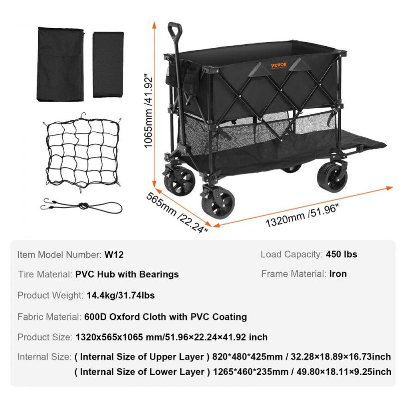 Patio Furniture & Accessories | Foldable Double Decker Wagon, 400L Collapsible Wagon Cart with All-Terrain Wheels, Heavy Duty Folding Wagon Cart 450 lbs Weight Capacity for Camping, Shopping, Garden, 52″ Extra Long Extender Lawn & Garden Patio Furniture & Accessories