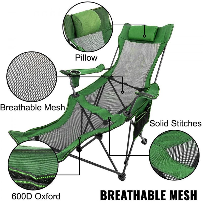 Patio Furniture & Accessories | Folding Camp Chair with Footrest Mesh, Lounge Chair with Cup Holder and Storage Bag, Reclining Folding Camp Chair for Camping Fishing and Other Outdoor Activities (Green) Green Lawn & Garden Green