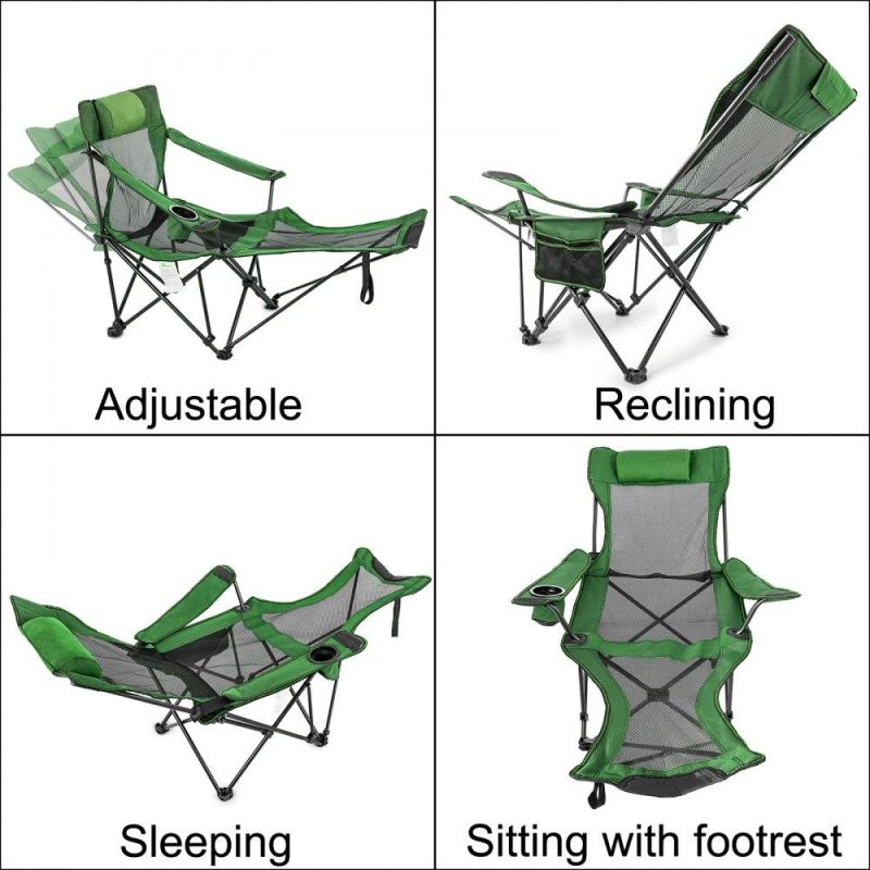 Patio Furniture & Accessories | Folding Camp Chair with Footrest Mesh, Lounge Chair with Cup Holder and Storage Bag, Reclining Folding Camp Chair for Camping Fishing and Other Outdoor Activities (Green) Green Lawn & Garden Green