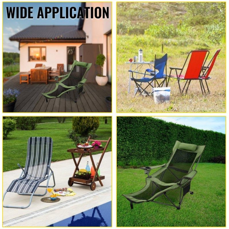 Patio Furniture & Accessories | Folding Camp Chair with Footrest Mesh, Lounge Chair with Cup Holder and Storage Bag, Reclining Folding Camp Chair for Camping Fishing and Other Outdoor Activities (Green) Green Lawn & Garden Green