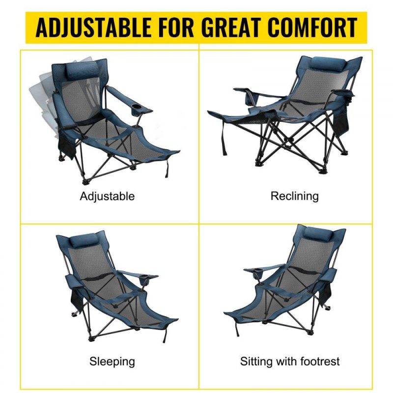 Patio Furniture & Accessories | Folding Camp Chair with Footrest Mesh, Portable Lounge Chair with Cup Holder and Storage Bag, for Camping Fishing and Other Outdoor Activities (Blue) Blue Lawn & Garden Blue