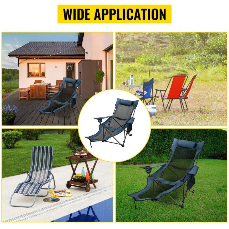 Patio Furniture & Accessories | Folding Camp Chair with Footrest Mesh, Portable Lounge Chair with Cup Holder and Storage Bag, for Camping Fishing and Other Outdoor Activities (Blue) Blue Lawn & Garden Blue