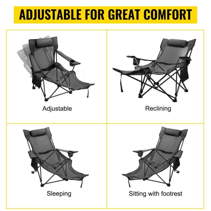 Patio Furniture & Accessories | Folding Camp Chair with Footrest Mesh, Portable Lounge Chair with Cup Holder and Storage Bag, for Camping Fishing and Other Outdoor Activities (Grey) Gray Lawn & Garden Gray