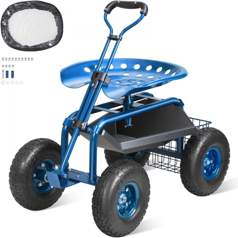 Patio Furniture & Accessories | Garden Cart Rolling Workseat with Wheels, Gardening Stool for Planting, 360 Degree Swivel Seat, Wagon Scooter with Steering Handle & Utility Tool Tray, Use for Patio, Yard, and Outdoors, Blue Blue Lawn & Garden Blue