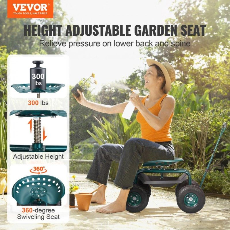 Patio Furniture & Accessories | Garden Cart Rolling Workseat with Wheels, Gardening Stool for Planting, 360 Degree Swivel Seat, Wagon Scooter with Steering Handle & Utility Tool Tray, Use for Patio, Yard, and Outdoors, Green Green Lawn & Garden Green