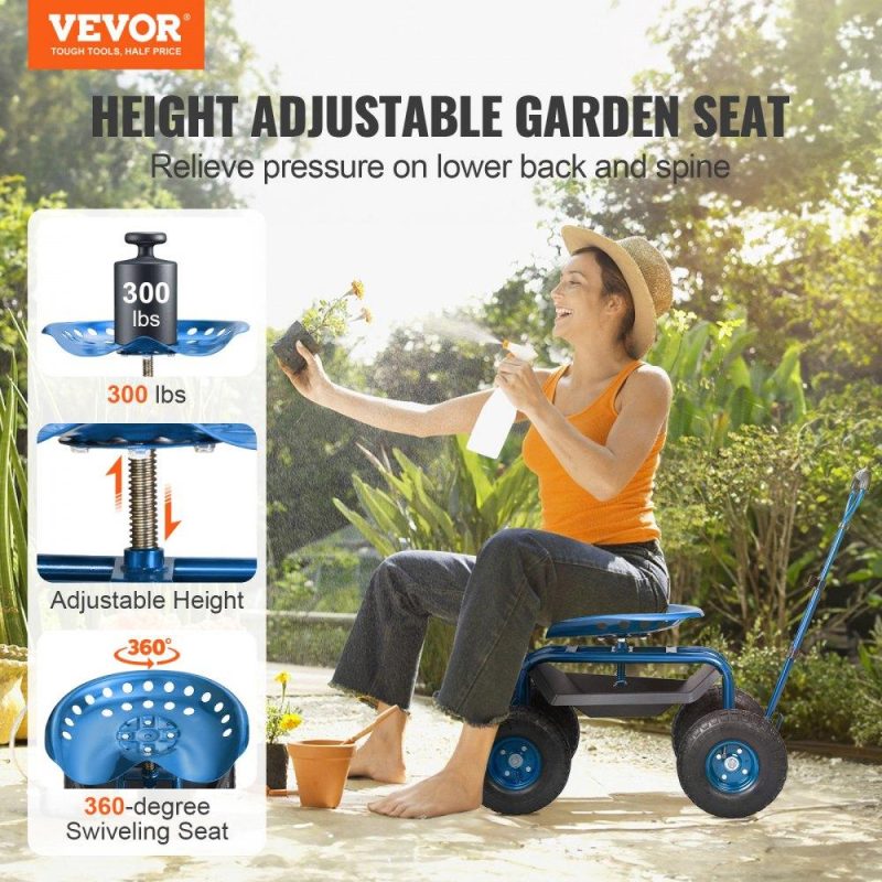 Patio Furniture & Accessories | Garden Cart Rolling Workseat with Wheels, Gardening Stool for Planting, 360 Degree Swivel Seat, Wagon Scooter with Steering Handle & Utility Tool Tray, Use for Patio, Yard, and Outdoors, Blue Blue Lawn & Garden Blue