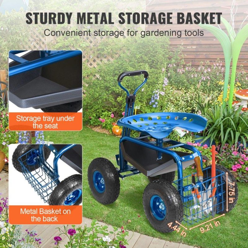 Patio Furniture & Accessories | Garden Cart Rolling Workseat with Wheels, Gardening Stool for Planting, 360 Degree Swivel Seat, Wagon Scooter with Steering Handle & Utility Tool Tray, Use for Patio, Yard, and Outdoors, Blue Blue Lawn & Garden Blue