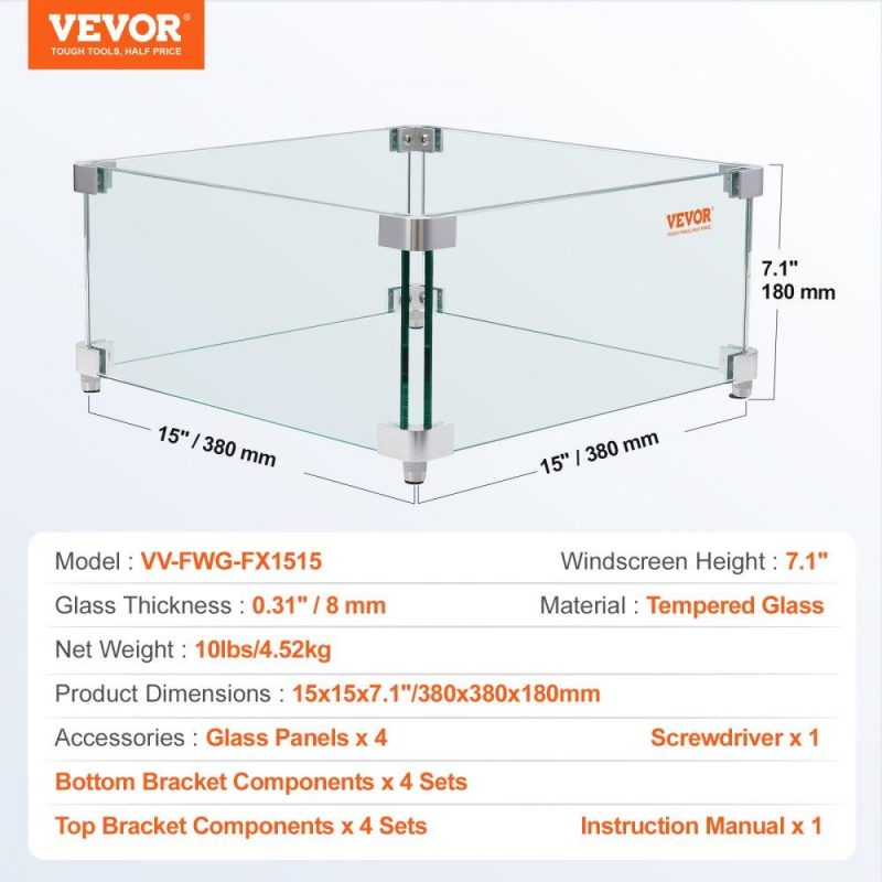 Patio Furniture & Accessories | Gas Fire Pit Wind Guard for Square Fire Table, 15 x 15 x 7 inch Clear Tempered Wind Guard for Firepits, 0.31 inch Thick Square Glass Shield, Glass Panel with Hard Corner Bracket & Feet Lawn & Garden Patio Furniture & Accessories