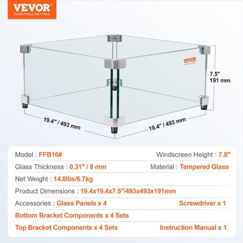 Patio Furniture & Accessories | Gas Fire Pit Wind Guard for Square Fire Table, 19 x 19 x 7.5 inch Clear Tempered Wind Guard for Firepits, 0.31 inch Thick Square Glass Shield, Glass Panel with Hard Corner Bracket & Feet Lawn & Garden Patio Furniture & Accessories