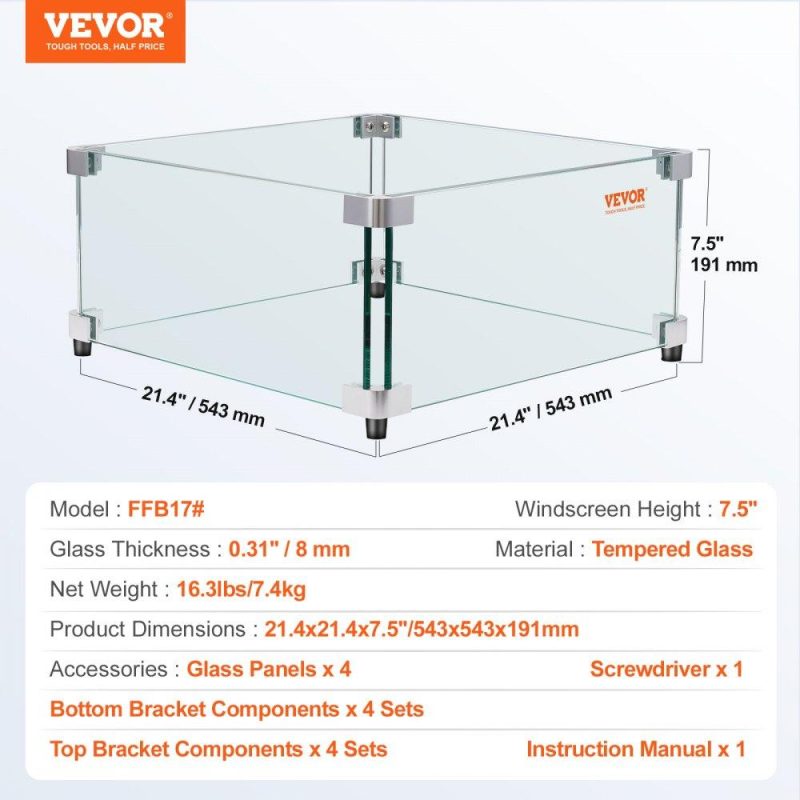 Patio Furniture & Accessories | Gas Fire Pit Wind Guard for Square Fire Table, 21 x 21 x 7.5 inch Clear Tempered Wind Guard for Firepits, 0.31 inch Thick Square Glass Shield, Glass Panel with Hard Corner Bracket & Feet Lawn & Garden Patio Furniture & Accessories