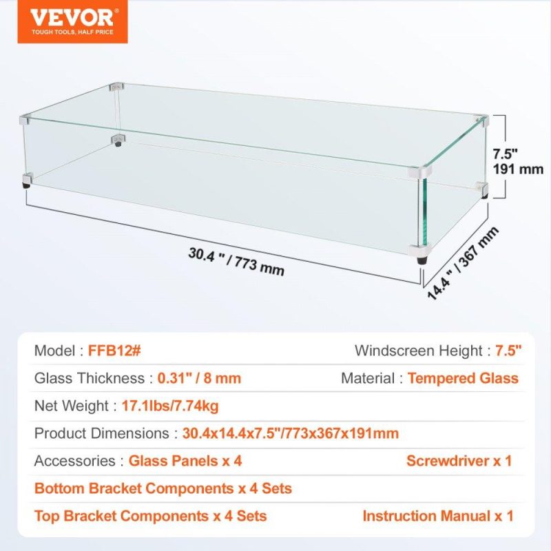 Patio Furniture & Accessories | Glass Wind Guard for Rectangular Fire Pit Table 30 x 14 x 7.5 Inch, 0.31 inch Thick and Sturdy Tempered Glass Panel with Hard Aluminum Corner Bracket & Rubber Feet, Easy to Assemble Lawn & Garden Patio Furniture & Accessories