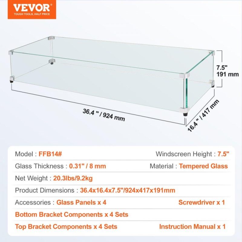 Patio Furniture & Accessories | Glass Wind Guard for Rectangular Fire Pit Table 36 x 16 x 7.5 Inch, 0.31 inch Thick and Sturdy Tempered Glass Panel with Hard Aluminum Corner Bracket & Rubber Feet, Easy to Assemble Lawn & Garden Patio Furniture & Accessories